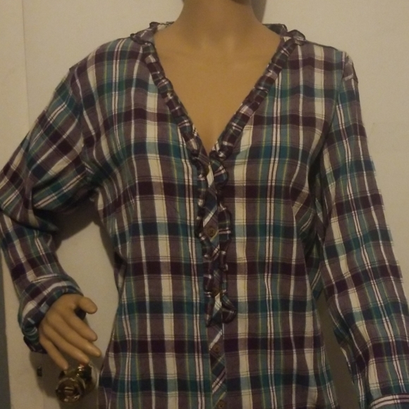 Bit & Bridle Tops - Bit & Bridle purple,  green and white plaid shirt